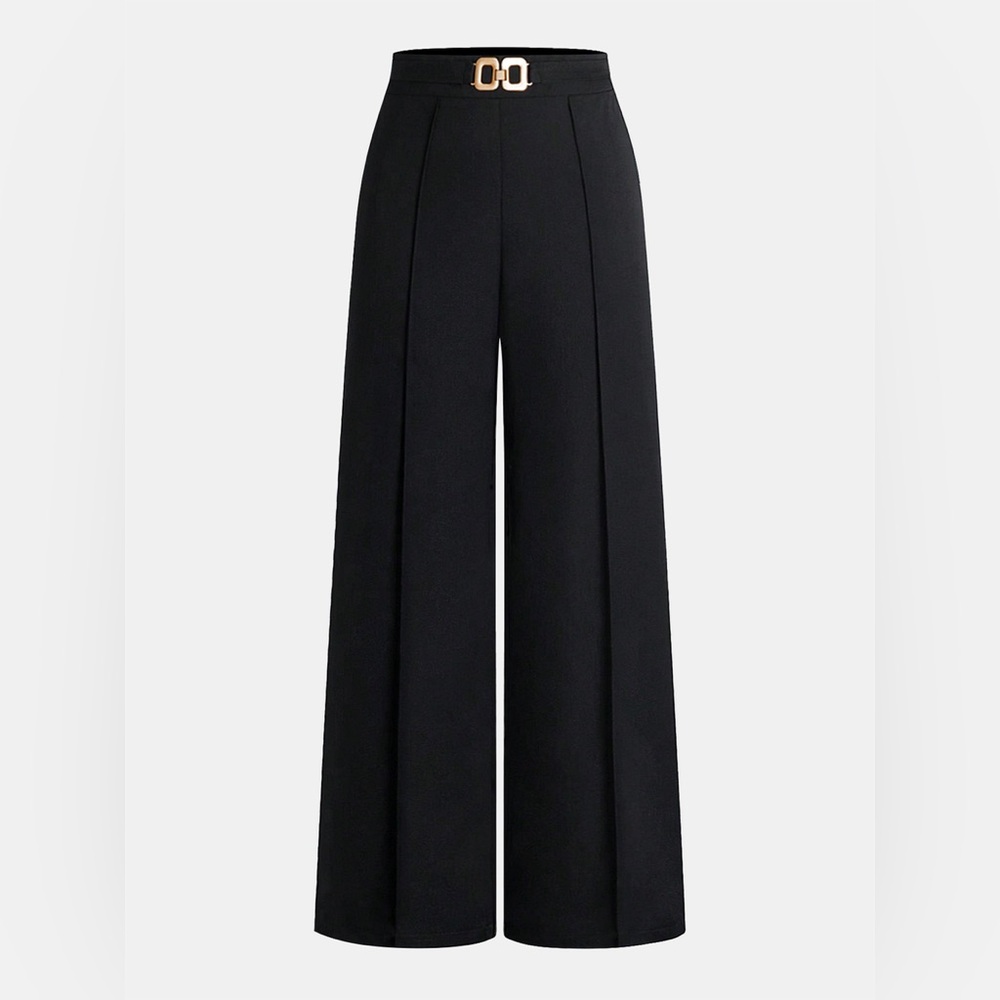 Commense Black Wide-Leg High-Waist Pants with Gold Buckle